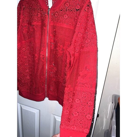NWOT CHICO'S Red Lace Semi Sheer Full Zip Jacket Sz 2 / Large - Picture 7 of 16